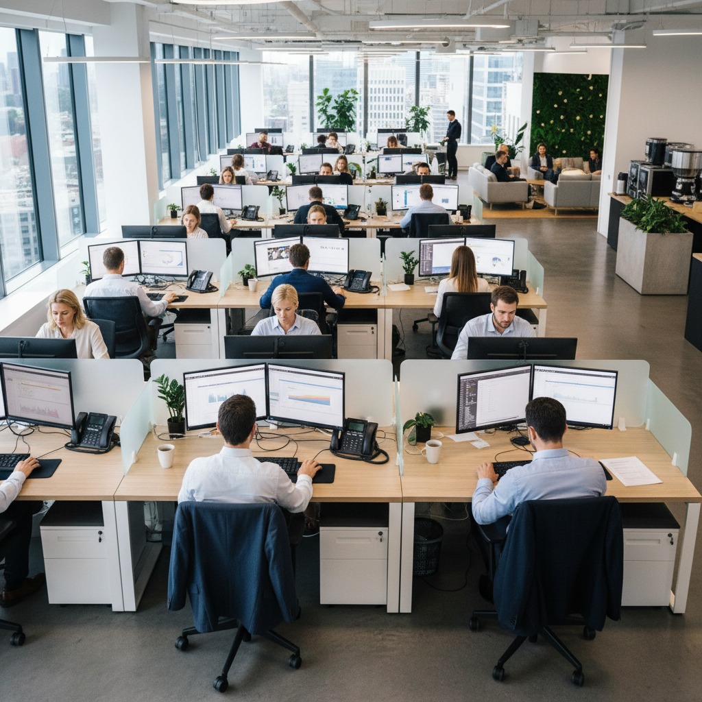 Employees work at their desks in a bright, open-plan office with large windows and rows of computer monitors.